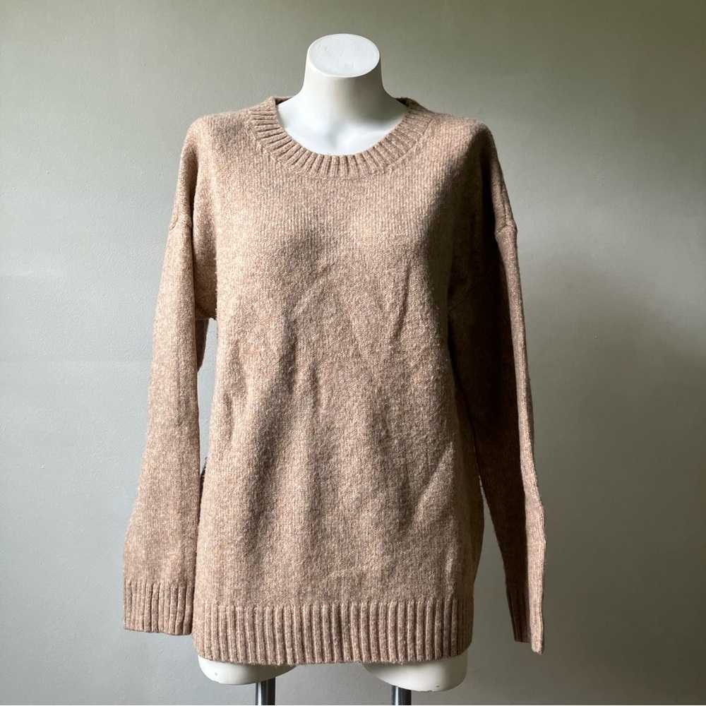 Taupe Knit Wool Blend Crew Neck Sweater
